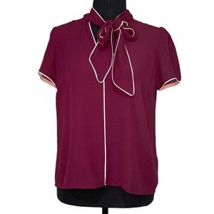 Wine Red and Pink Short Sleeved Blouse with Neck-Tie from Forever 21